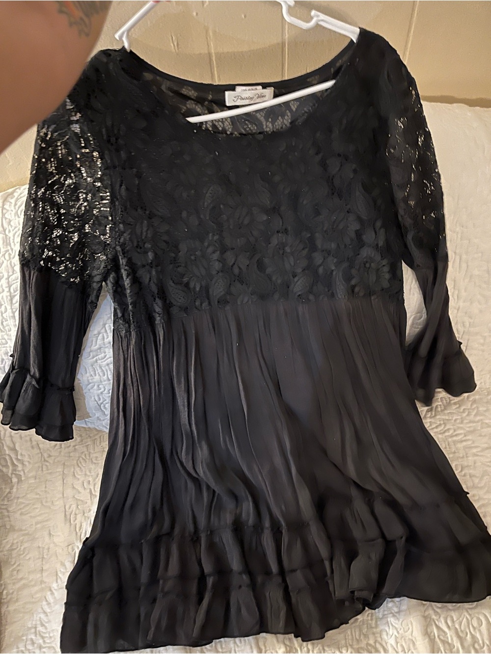 Women's Black Lace & Chiffon Ruffle Tunic